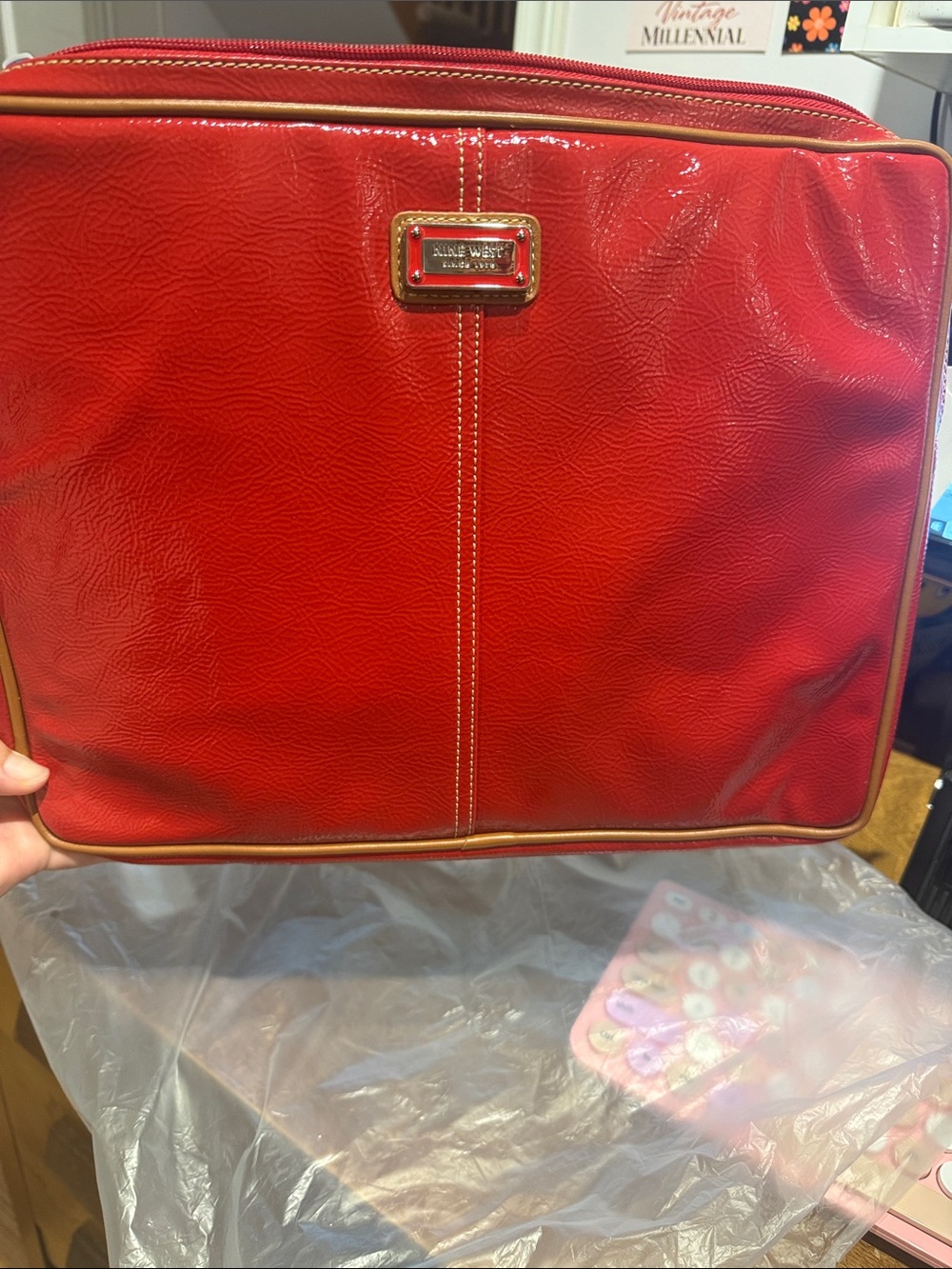 Nine West Red Patent-Look Laptop Bag with Gold Trim